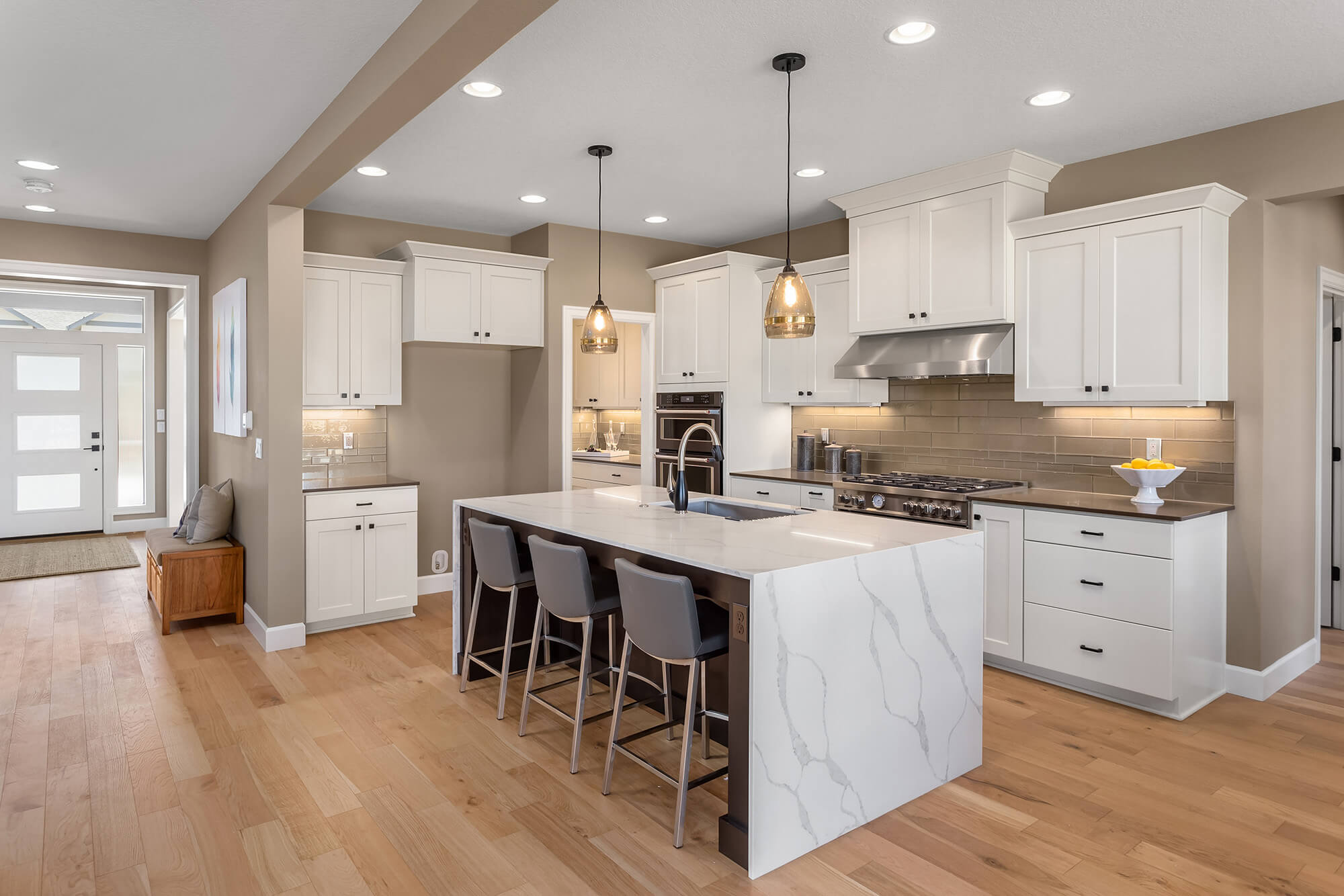 Modern home kitchen with warm lighting