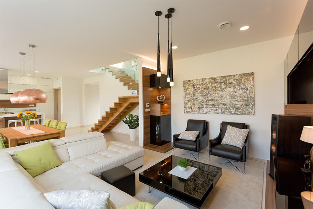 Modern living room with warm lighting