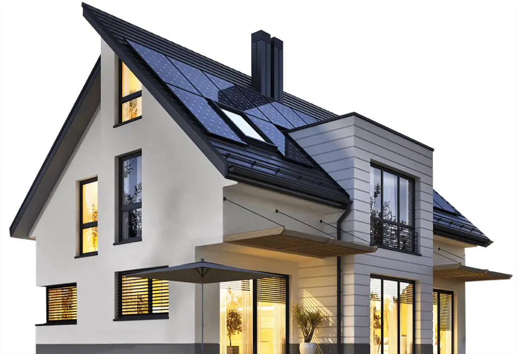 Outside view of modern home, all the indoor lights are on and there are solar panels on the roof