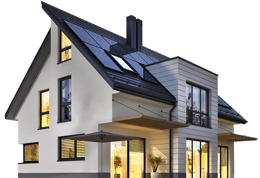 Outside view of modern home, all the indoor lights are on and there are solar panels on the roof